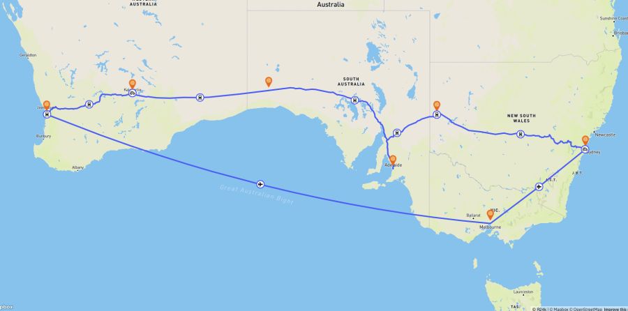 Map of the Indian Pacific rail journey from Melbourne to Perth with key station stops.