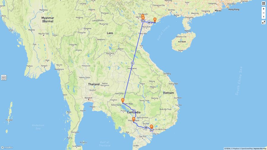 Map of Cambodia and Vietnam with itinerary, representing joint DMC quotation using the R24K Travel Manager software