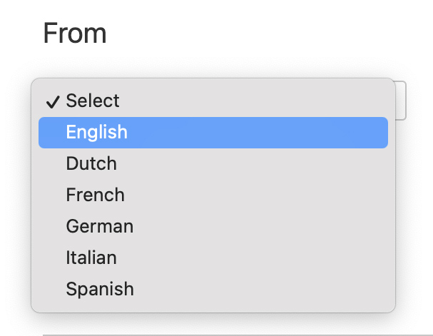 Selecting English as the source language 