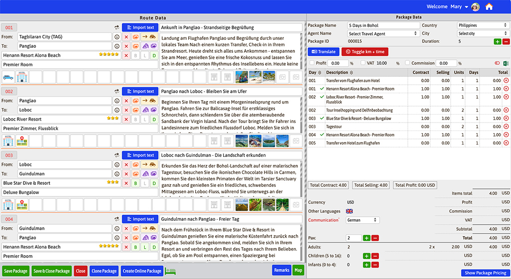 Fully translated Bohol package displayed in German