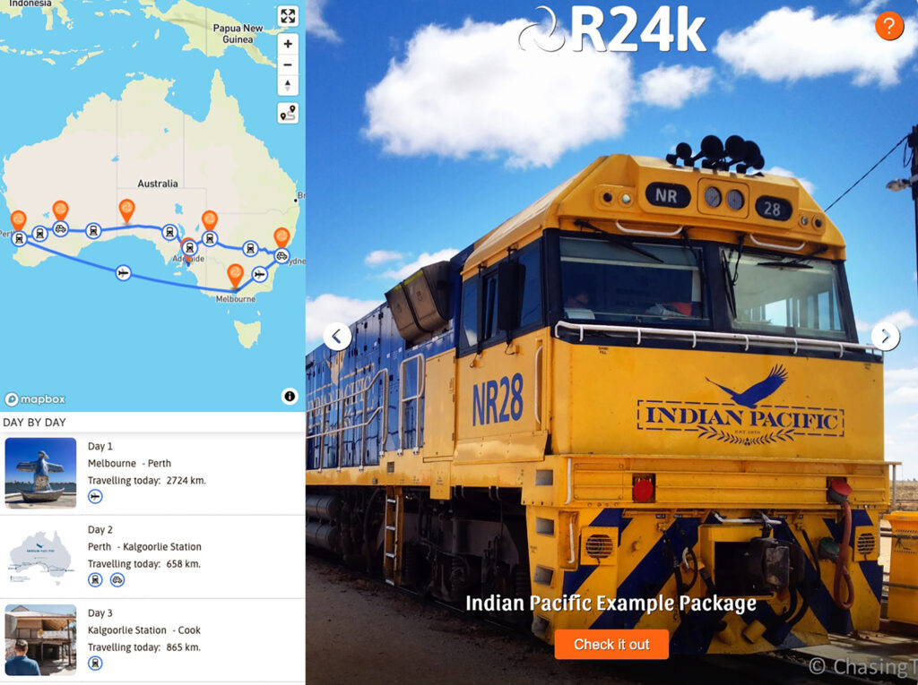 Image showing the Indian Pacific train, a route map, and a day-by-day tour breakdown.