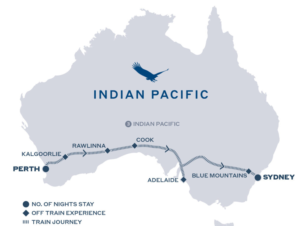 Map of Australia showing the complete Indian Pacific rail route across the country.
