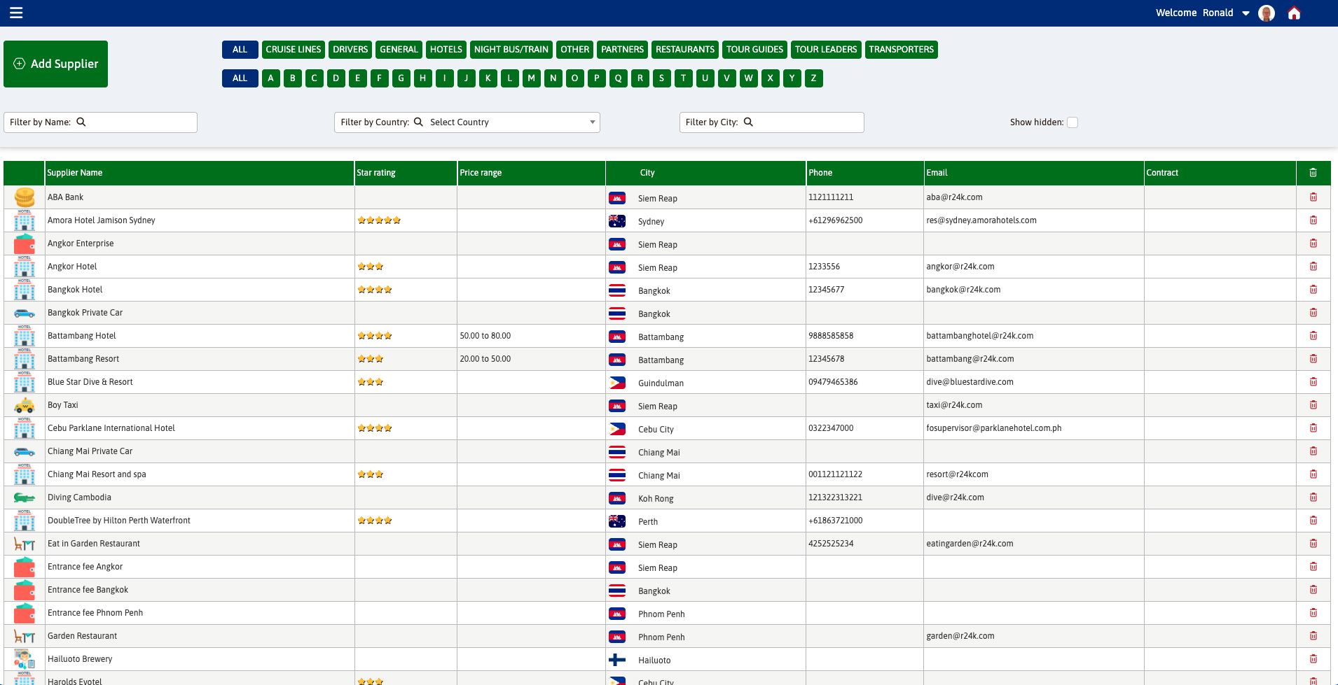R24k Travel Manager - Suppliers List